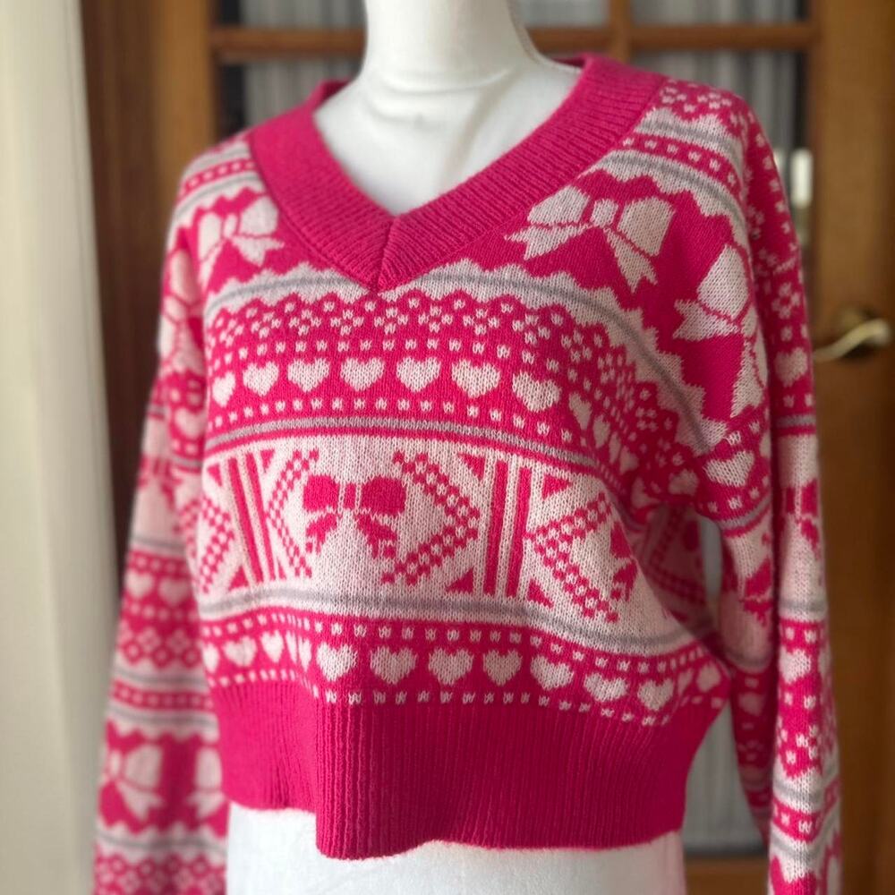 Hot pink bow heart valentines sweater cropped size M